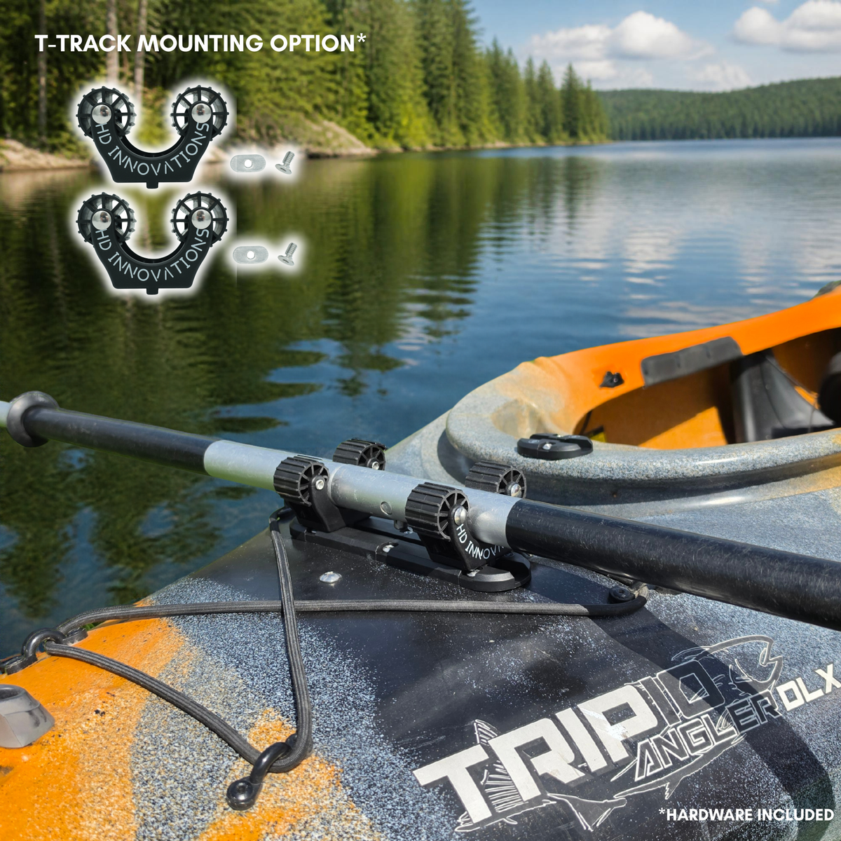 Uni-Mount Pole Holders mounted to the X-Link T-Track on a kayak.