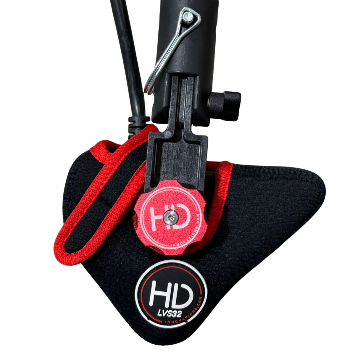Front view of the HDI Neoprene Transducer Cover for the LVS32, with an LVS32 inside to show snug fit.