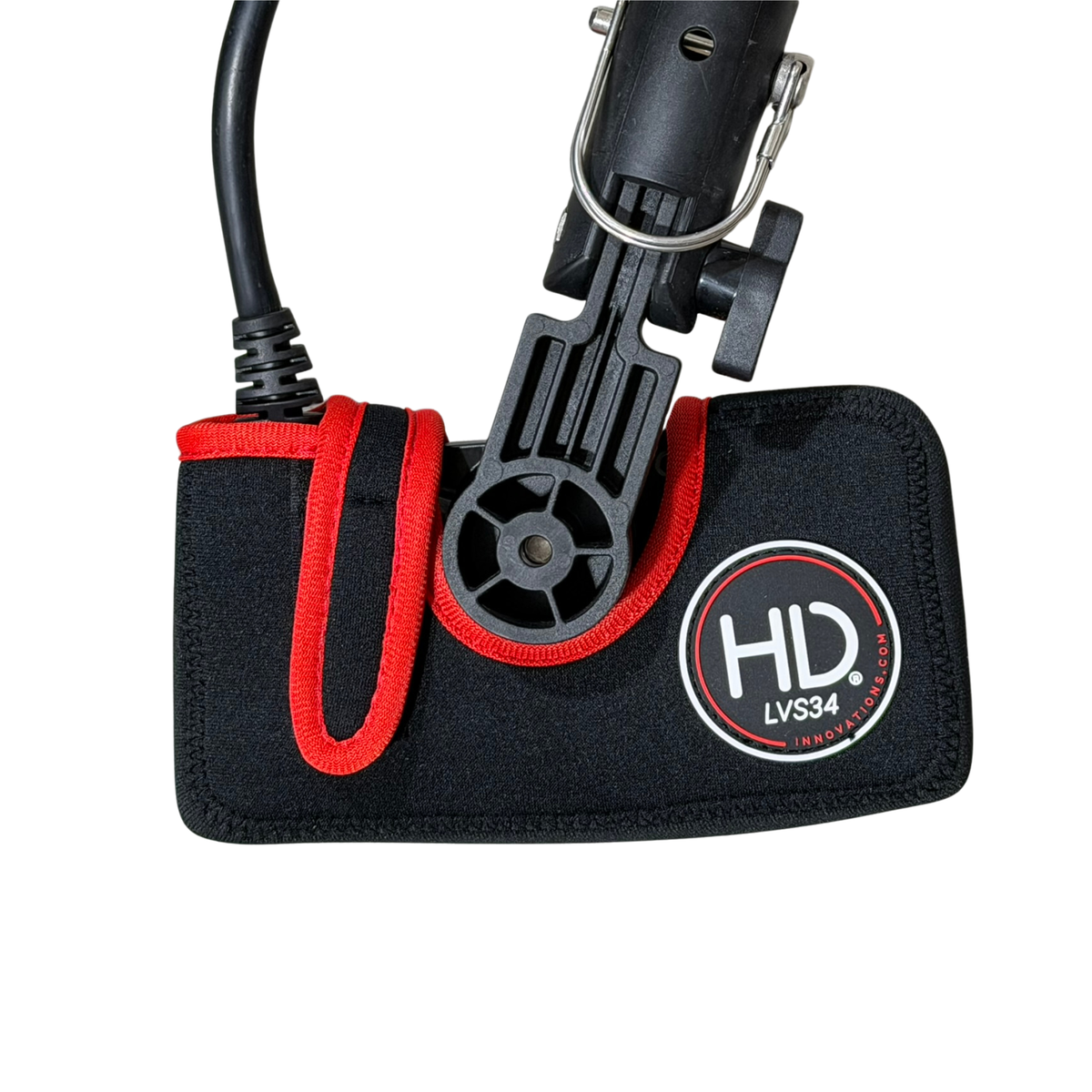 Front view of the HDI Neoprene Transducer Cover for the LVS34, with an LVS34 inside to show snug fit.