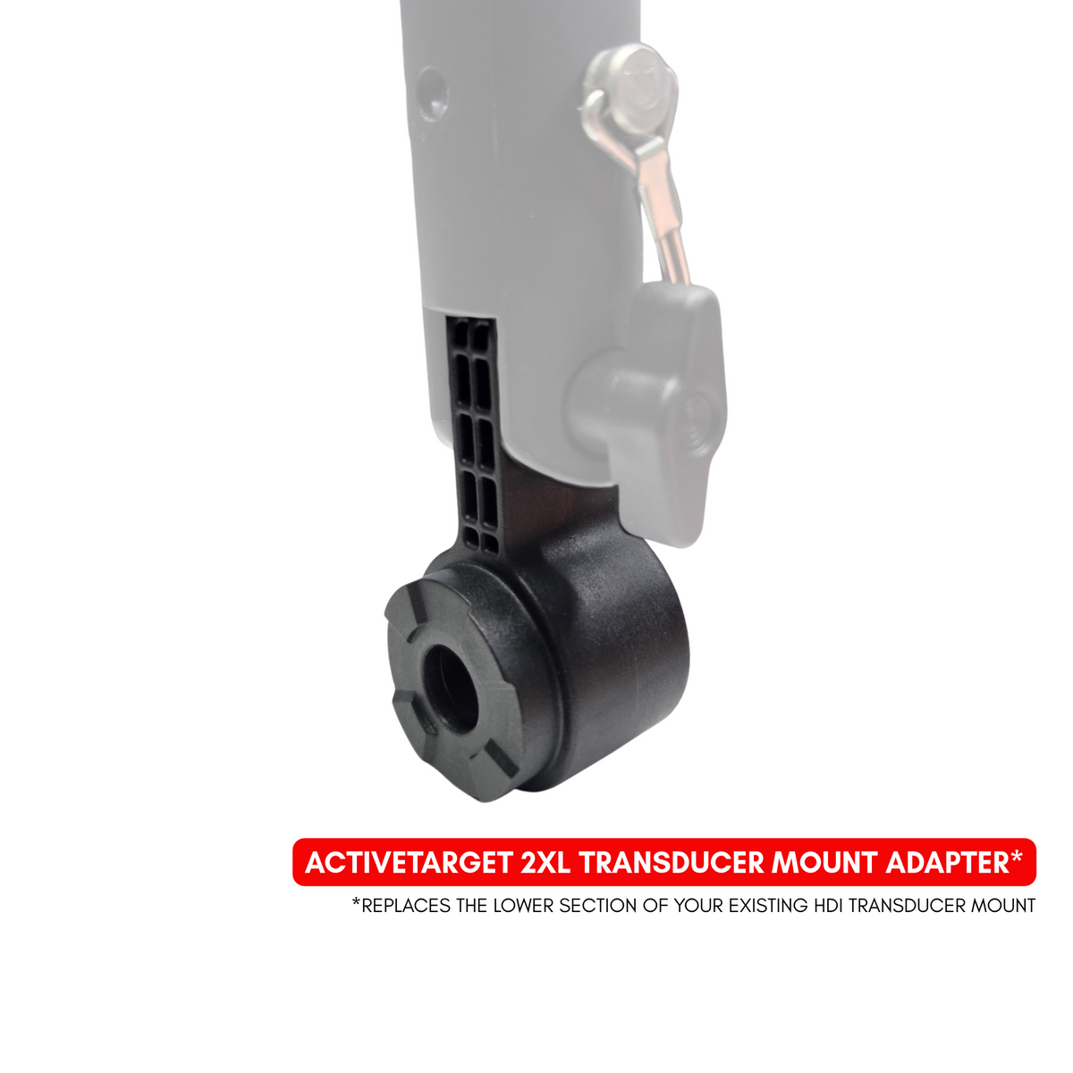HDI ActiveTarget 2XL transducer mount adapter installed on an HDI transducer pole, replacing the existing lower mount section. 