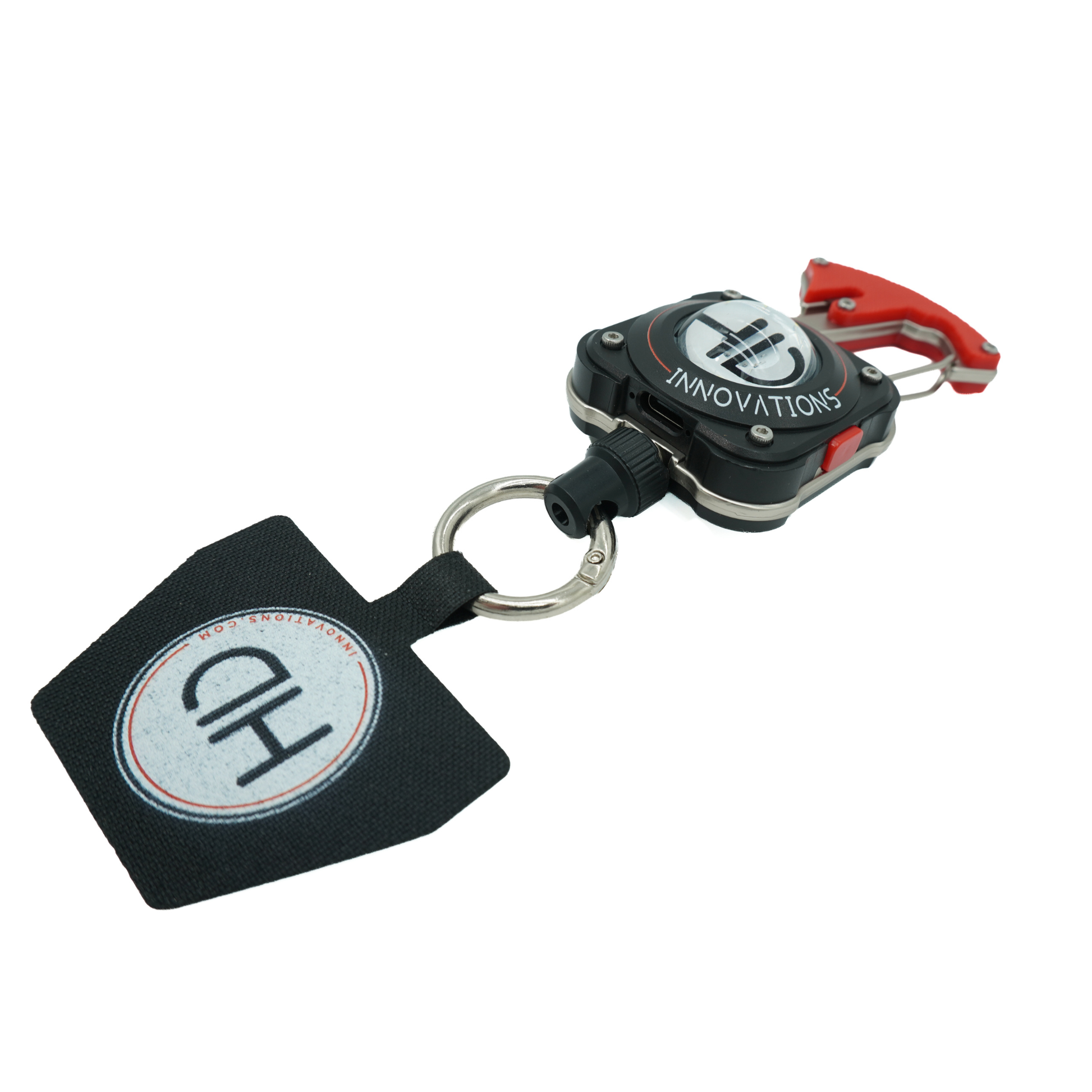 HD Multi-Mission Phone Lanyard, angled view that shows the charging port for the square base of the lanyard that includes the LED light