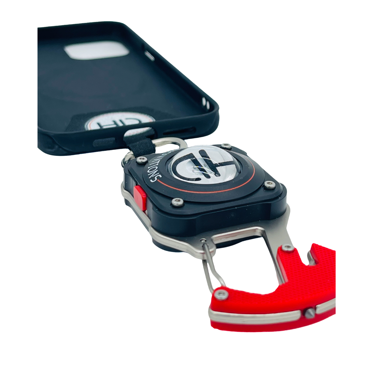 HD Multi-Mission Phone Lanyard, installed in a phone case to show how the Phone Keeper tab stays between the phone case's charging port hole, without blocking access to charging.