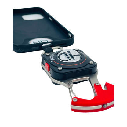 HD Multi-Mission Phone Lanyard, installed in a phone case to show how the Phone Keeper tab stays between the phone case's charging port hole, without blocking access to charging.