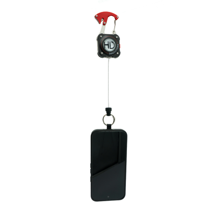 HD Multi-Mission Phone Lanyard, front view, with the lanyard installed between a phone and case, with the stainless steel tether extended to show functionality.