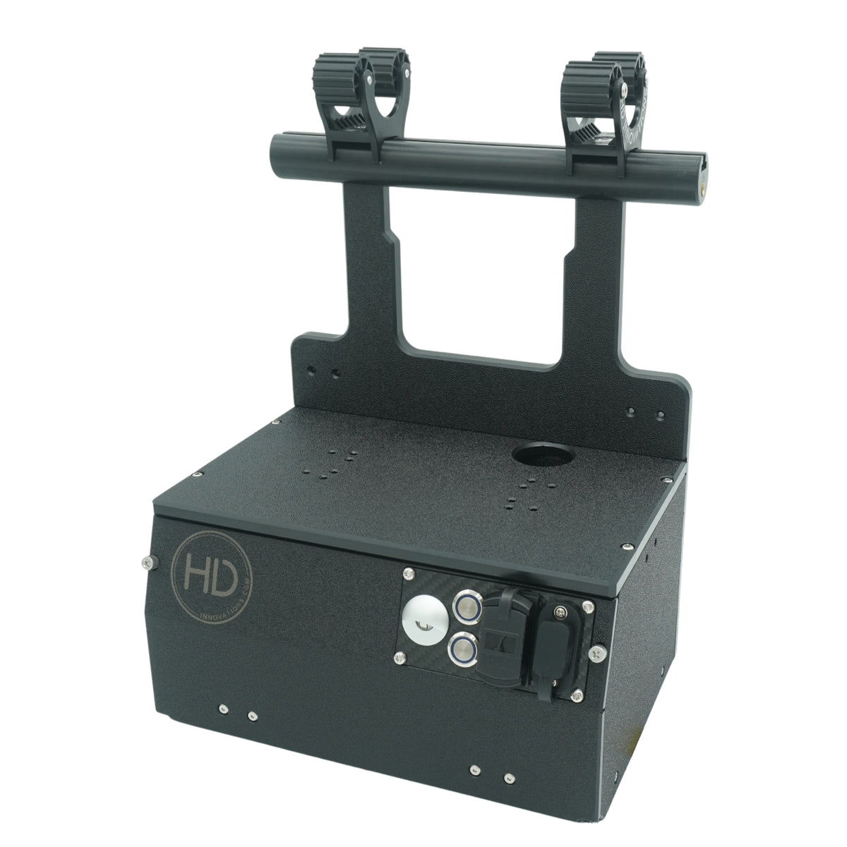 The HDI Shuttle with the handle and included pole holders installed. The front, top-down angle shows the top mounting holes.