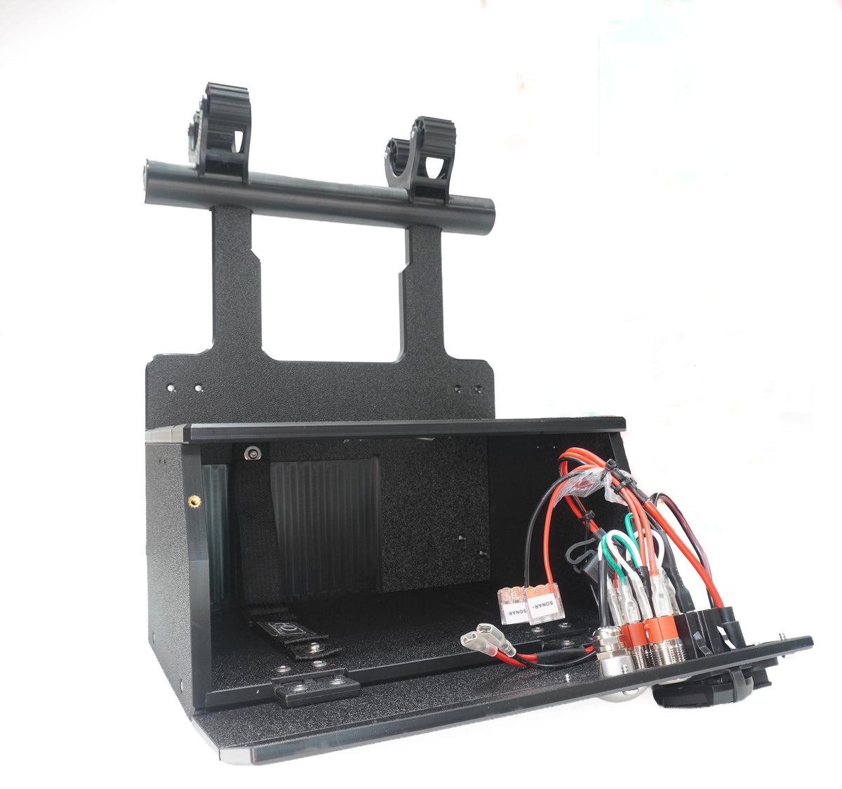 The HDI Shuttle with the handle and included pole holders installed, and the front panel open to show the panel wiring and the battery tray and strap inside. 