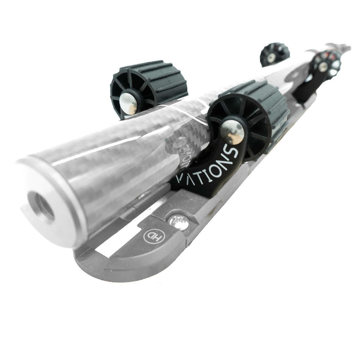 HD Uni-Mount Pole Holders mounted to X-Link T-Track, front angle looking down track.