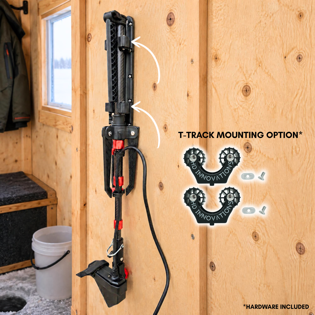 Uni-Mount Pole Holders mounted to the X-Link T-Track, holding up the X-Over FFS Pole in an ice shanty.