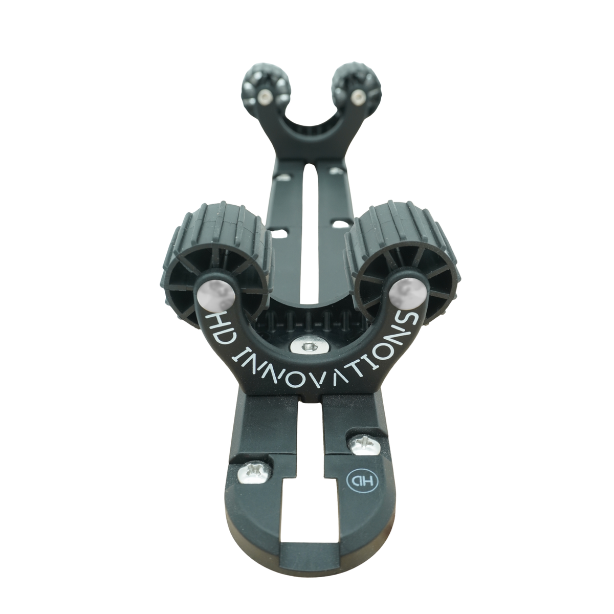 HD Uni-Mount Pole Holders mounted to X-Link T-Track, front view looking down track