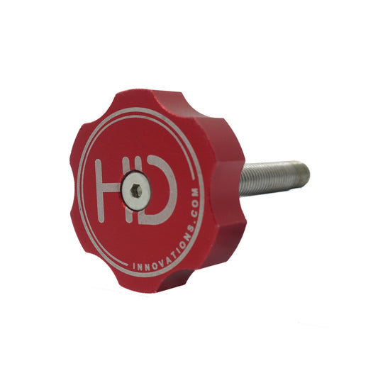 The red LVS-34 billet transducer knob hero image, at a slight angle to show the knob front and the threaded screw.