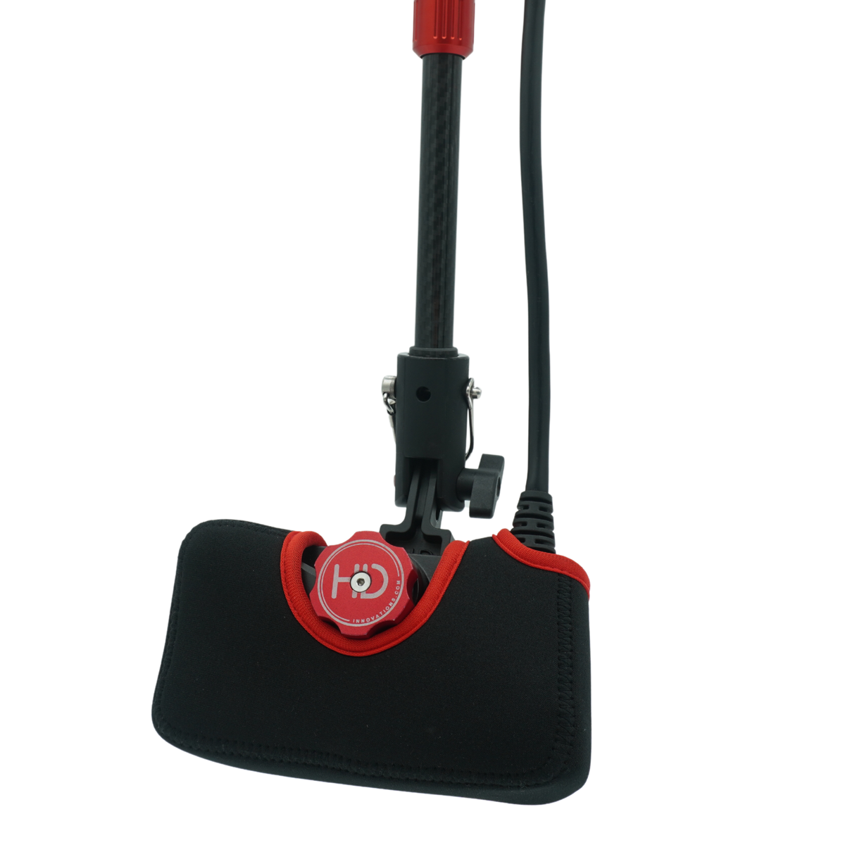 The red LVS-34 billet transducer knob installed on an LVS-34 transducer, securing it to the HD transducer mount adapter and HD X-Over Pole. 