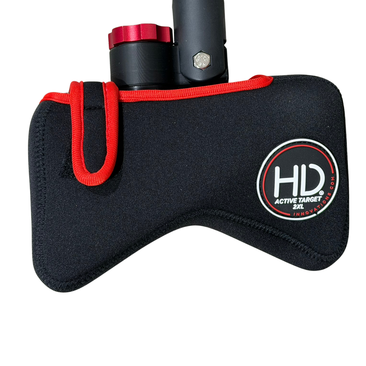 Front view of the HDI Neoprene Transducer Cover for the AT2XL, with an AT2XL inside to show snug fit. 