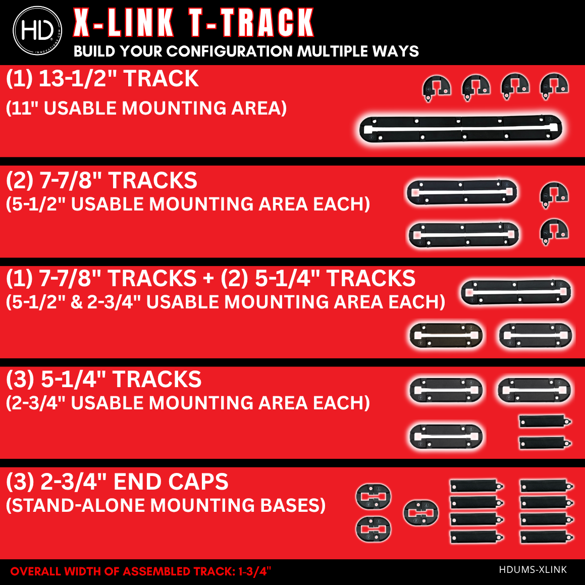 A configuration chart of all the different ways the X-Link T-Track Kit can be customized. 