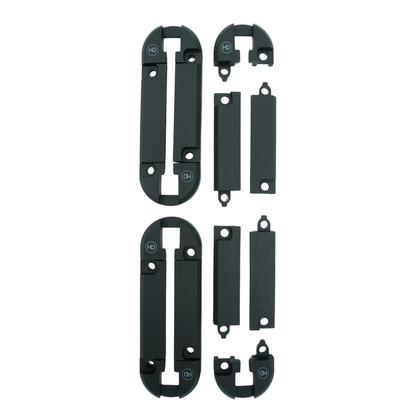 The pieces included in the X-Link T-Track Kit, showing some of the pieces connected and some of them separated. 