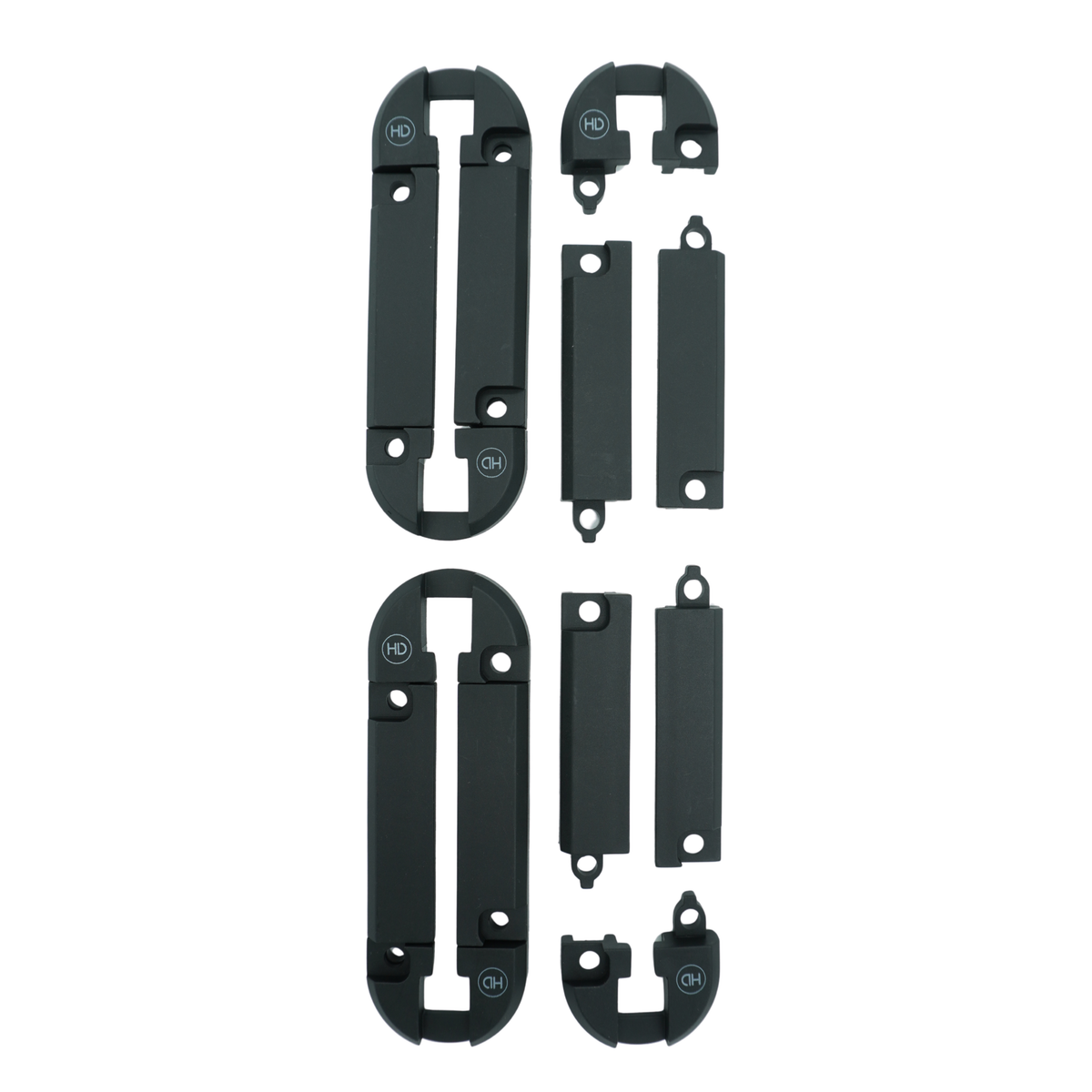 The pieces included in the X-Link T-Track Kit, showing some of the pieces connected and some of them separated. 