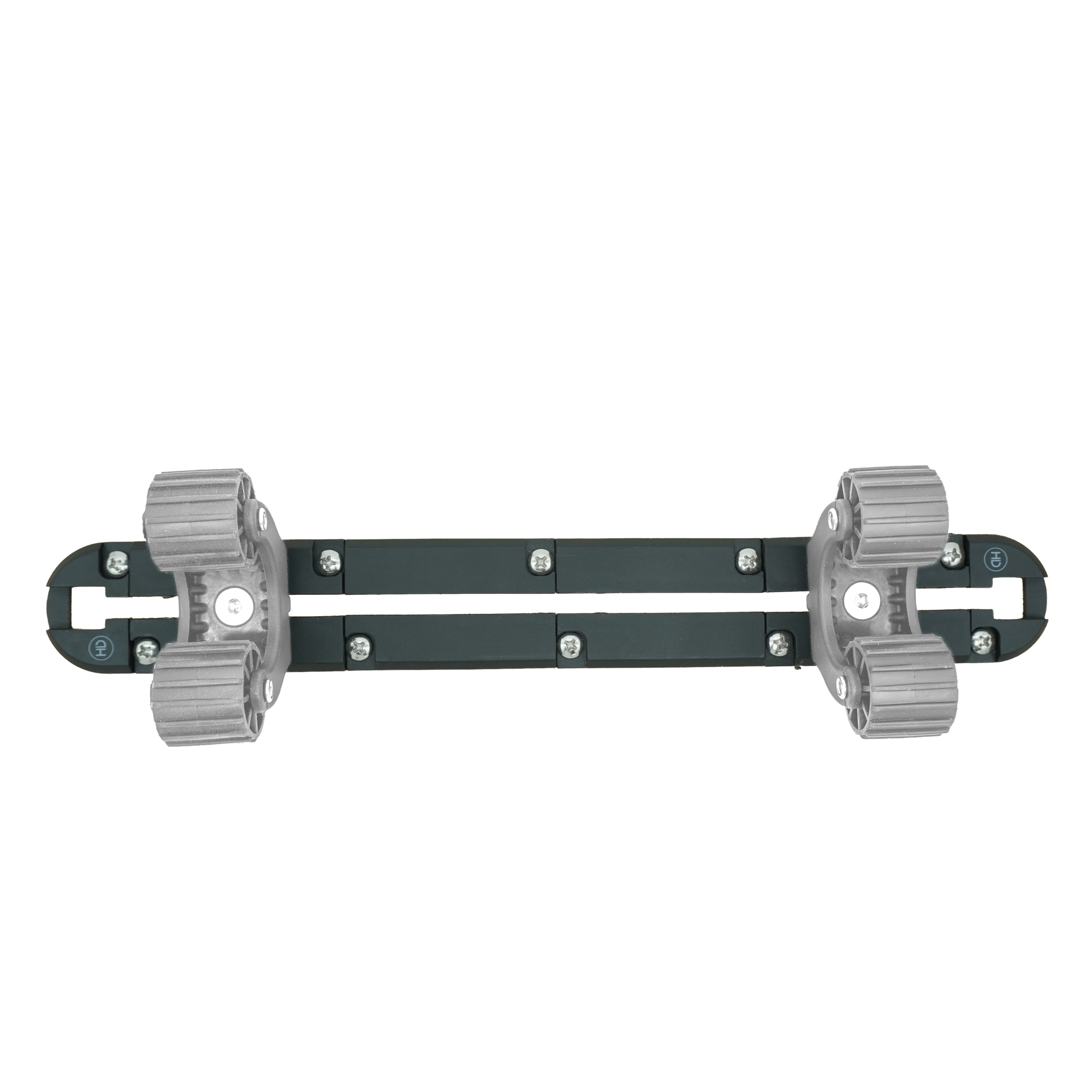A top down view of the X-Link T-Track Kit fully assembled with grayed out pole holders installed in the track to show how they can work together.