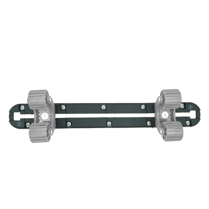 A top down view of the X-Link T-Track Kit fully assembled with grayed out pole holders installed in the track to show how they can work together.